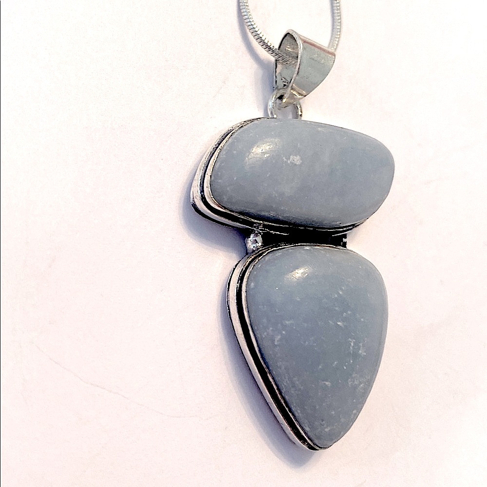 Beautiful, 2 inch, 2 stone, Angelite pendant on a silver chain.